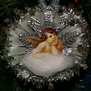 Victorian Silver Angel Christmas Ornament: Dresden Foil & Tinsel Star