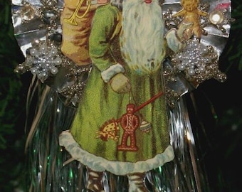 Viktorianische Olive Weihnachtsmann Mit Spielzeug Tasche Verzierung Weihnachten Handgemachtes Kollektiv