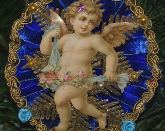 Blauw Victoriaans romantisch ornament handgemaakte kerstdecoratie voor verzamelaars