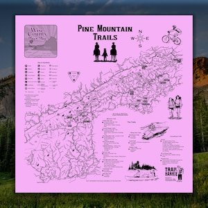 May include: A pink map of Pine Mountain Trails, featuring illustrations of hikers, a cyclist, and a canoe. The map includes a compass rose, trail names, and the text "Wise County Play n Slay".