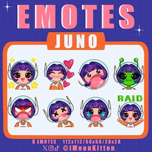 Puede incluir: Un conjunto de ocho emojis animados que presentan un personaje con cabello morado en un casco espacial con diferentes expresiones. Los emojis están etiquetados como "JUNO" e incluyen expresiones como "ojos de corazón", "soplar una burbuja", "enojado", "llorar" y "incursión".
