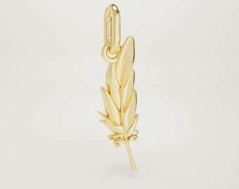 14K Solid Gold Feather Charm Necklace, Tiny Bird Feather Pendant,