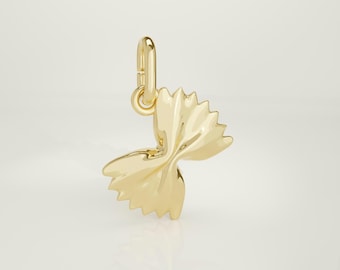 14K Solid Gold Farfalle Charm Necklace, Tiny Bow-Tie Pasta Pendant, Minimal Handmade Food Jewelry