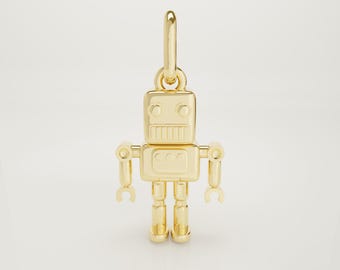 14K Solid Gold Robot Charm Necklace, Tiny Retro Robot Pendant