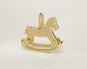 14K Solid Gold Rocking Horse Charm: Handmade Mini Retro Toy Pendant