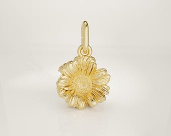 14K Solid Gold Sunflower Charm Necklace, Tiny Sunflower Pendant, Minimal Handmade Floral Jewelry