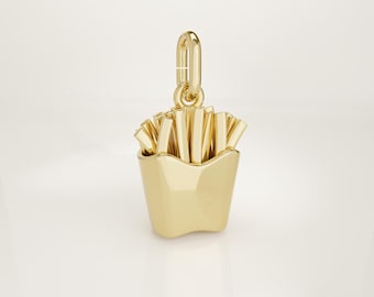 14K Solid Gold French Fries Charm, Handmade Food Pendant