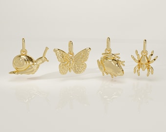 14K Solid Gold Custom Animal Charm: Butterfly, Snail, Frog, Spider - Handmade Mini Necklace Pendant