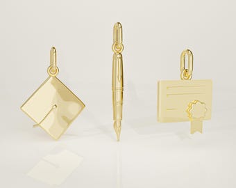 14K Solid Gold Realistic Graduation Charm: Pen, Certificate, Degree - Handmade Mini Necklace Pendant
