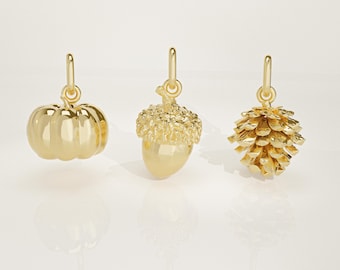 14K Solid Gold Autumn Charm: Pumpkin, Acorn, Pinecone - Handmade Mini Necklace Pendant