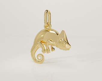 10K & 14K Solid Gold Chameleon Charm: Handmade Realistic Salamander Mini Necklace Pendant