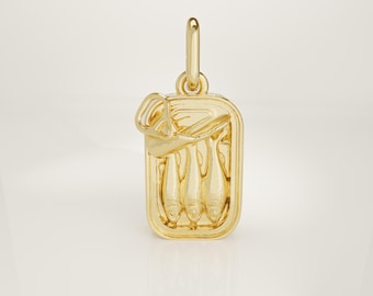 14K Solid Gold Tinned Sardines Charm: Canned Sardine Mini Necklace Pendant