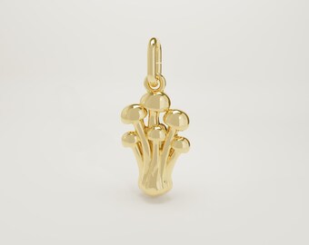 14K Solid Gold Enoki Mushroom Charm Necklace, Tiny Mushroom Pendant