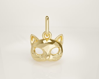 14K Solid Gold Cat Mask Charm: Handmade Realistic Mini Necklace Pendant