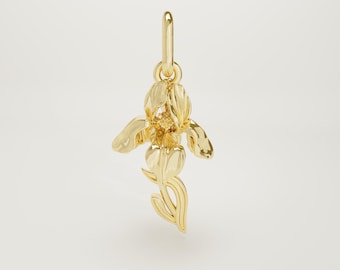 14K Solid Gold Iris Flower Charm Necklace, Tiny Iris Pendant, Minimal Handmade Floral Jewelry