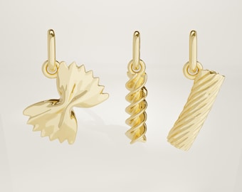 14K Solid Gold Pasta Charms: Farfalle, Fusilli, Rigatoni - Handmade Mini Necklace and Bracelet Pendant