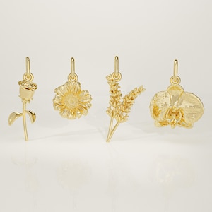 14K Solid Gold Realistic Flower Charm: Handmade Rose, Lavender, Sunflower, Orchid Mini Necklace Pendant