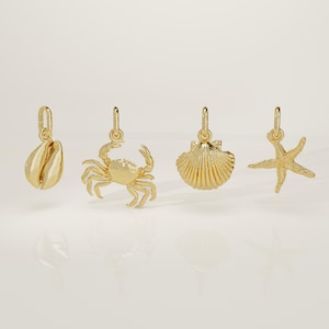 14K Solid Gold Crab Charm: Realistic Sea Shell, Starfish - Handmade Mini Necklace Pendant