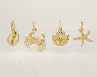 14K Solid Gold Crab Charm: Realistic Sea Shell, Starfish - Handmade Mini Necklace Pendant