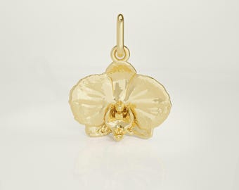 14K Solid Gold Orchid Pendant Necklace, Handmade Floral Charm