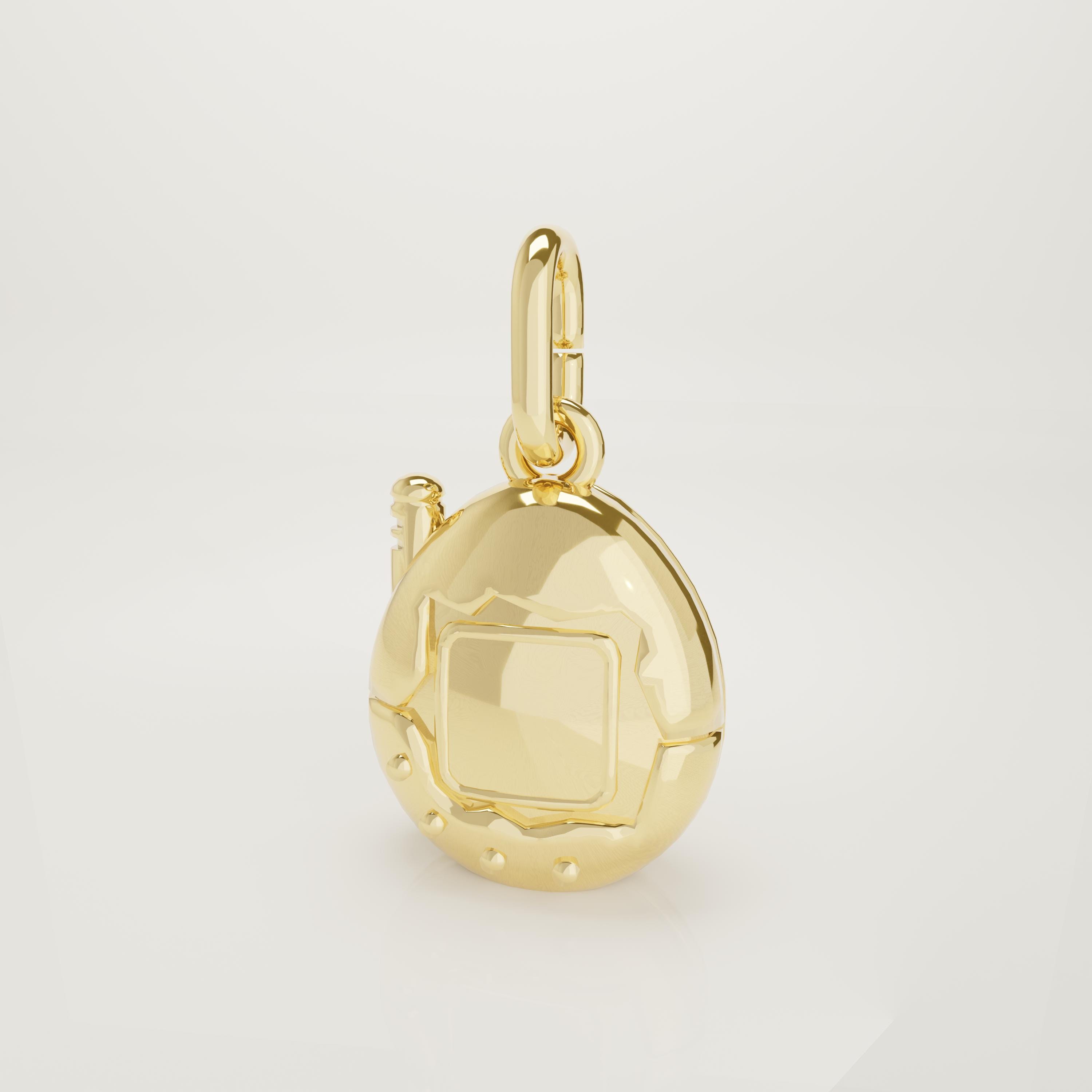14K Solid Gold Tamagotchi Charm Necklace, Tiny Retro Digital Pet