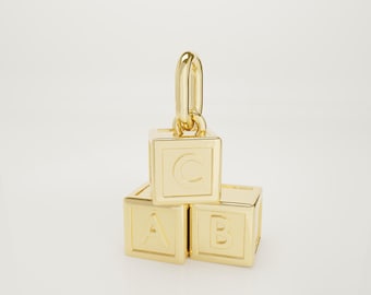 14K Solid Gold Letter Blocks Charm Necklace, Tiny Alphabet Blocks Bracelet Pendant