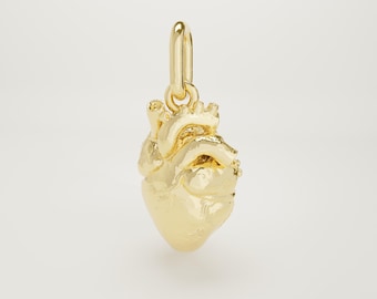 14K Solid Gold Anatomical Heart Charm Necklace, Tiny Heart Pendant