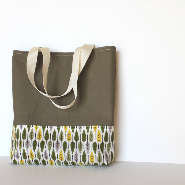 Simple Canvas Tote Bag. Olive Green. Leaves. For Her. For Him. Unisex. Purse. Carry All. Heavy Duty. Book Bag. Autumn Fashion.