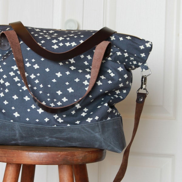 Shoulder Bag in Organic Cotton Canvas with Leather Handles and Waxed Canvas Base. Navy Blue Plus.
