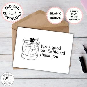 Printable Thank You Card – Old Fashioned Cocktail Design – Funny Black & White Digital Download – Instant Thank You Note
