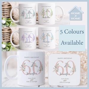 Personalized Age & Name Floral Mug And Coaster Set 16th 18th 21st 20th 30th 40th 50th 60th 70th 80th 90th 100th Custom Birthday Gift For Her