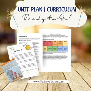 以下が含まれることがあります： 「UNIT PLAN | CURRICULUM Ready-to-Go!」のテキストが入った教育資料。 「Can I Play Too?」というタイトルの子供向けの本と、性格特性を説明するページが含まれています。 TheMavenSchool.comが表示されています。