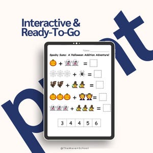 May include: A digital tablet shows a Halloween addition worksheet titled "Spooky Sums: A Halloween Addition Adventure!" featuring pumpkin, ghost, spiderweb, bat, witch, and vampire emojis. The worksheet includes answer boxes and number options.