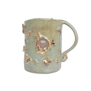 Turquoise & Cream Crystal Mug, Sweet Heart Rose Quartz Mug, Ceramic Mug, Handmade Beautiful Sculpted Butterflies, Gold Luster, One Of A Kind