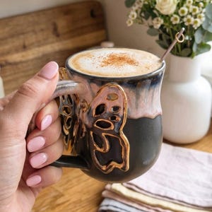 Pink Drippy Mug with 24K Gold Butterfly - Handmade Drip Glaze Coffee Cup - Unique Pastel Celestial Pottery Gift