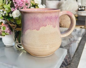 手作りのアイルランド陶器マグカップ：ピンクのドリッピーセラミックコーヒーカップ