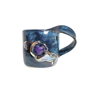 Small Crescent Moon and Clouds Amethyst Crystal Mug  Handmade Beautiful Gold Sculpted Moon, Clouds & Stars Shine Bright Twilight Blue Colour