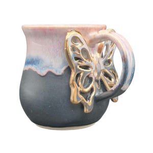 Unique Gold Butterfly Ceramic Mug | Drippy Pink & Black Glaze | Heart Moonstone Crystal Handle | Artistic 24K Gold Luster Made in Ireland.