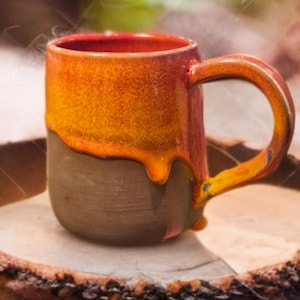 Handmade Irish Pottery Mug drippy red and orange glaze colours ,Cozy Autumn ceramic mug