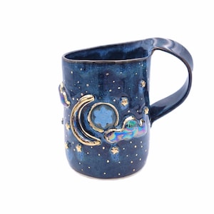 Stars and Moon Mug With Opalite Crystal Snowflake Crystal Mug Festive Christmas Handmade Pottery Gift Dark Blues & Starlight Drippy Colours
