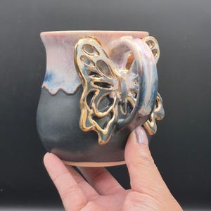 Black and Pink Butterfly Mug Ceramic Mug, Artisan Handmade Pottery, Unique Nature Lover Gift