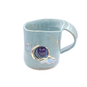 Small Stars And The Moon Amethyst Crystal Mug Handmade Beautiful Gold Sculpted Moon, Clouds & Stars Shine Bright Gold Turquoise Colour