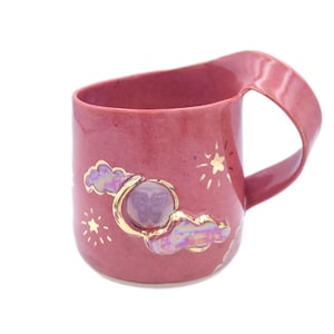Small Rose Colour Crescent Moon and Clouds Butterfly Amethyst Crystal Mug Handmade Beautiful Gold Moon, Clouds & Stars Mug Shine Bright