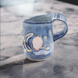 Ceramic Moon and Stars Mug with Rose Quartz Wand Handmade Crystal Mug,Irish pottery,Midnight Blue colour Gift bespoke mug,enchanting design