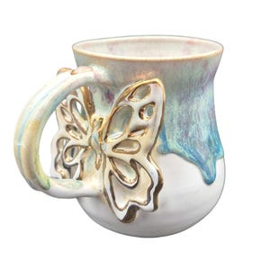 Unique Gold Butterfly Ceramic Mug | Drippy Glaze Coffee Tea Cup | Heart Moonstone Crystal Handle | Artistic 24K Gold Luster Made in Ireland.