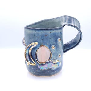Handcrafted Ceramic Moon and Stars Mug with Rose Quartz Wand Crystal Mug Beautiful Floating Blue Colour Gift One Of  A Kind Handmade Mug