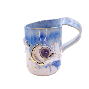 Irish Handmade Drippy Blue Celestial Mug Stars and Moon Crystal Mug Handmade Pottery Gift Shine Bright Hand Written Text Gold Stars and Moon