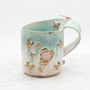 Handmade Irish Pottery Mug, Turquoise Cream, 24K Gold Butterflies, Rose Quartz, gift box included.