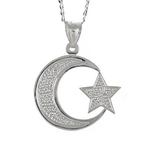 925 Sterling Silver Muslim / Islam Crescent Moon + Star Pendant w. Cuban Chain, Islamic Muslim Pendant Necklace