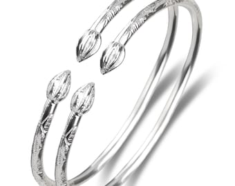 Cocoa Pods Tulip Bulb .925 Solid Sterling Silver West Indian Cuff Bracelets Handmade Bangles Caribbean, Free engraved bracelet, 1 Pair